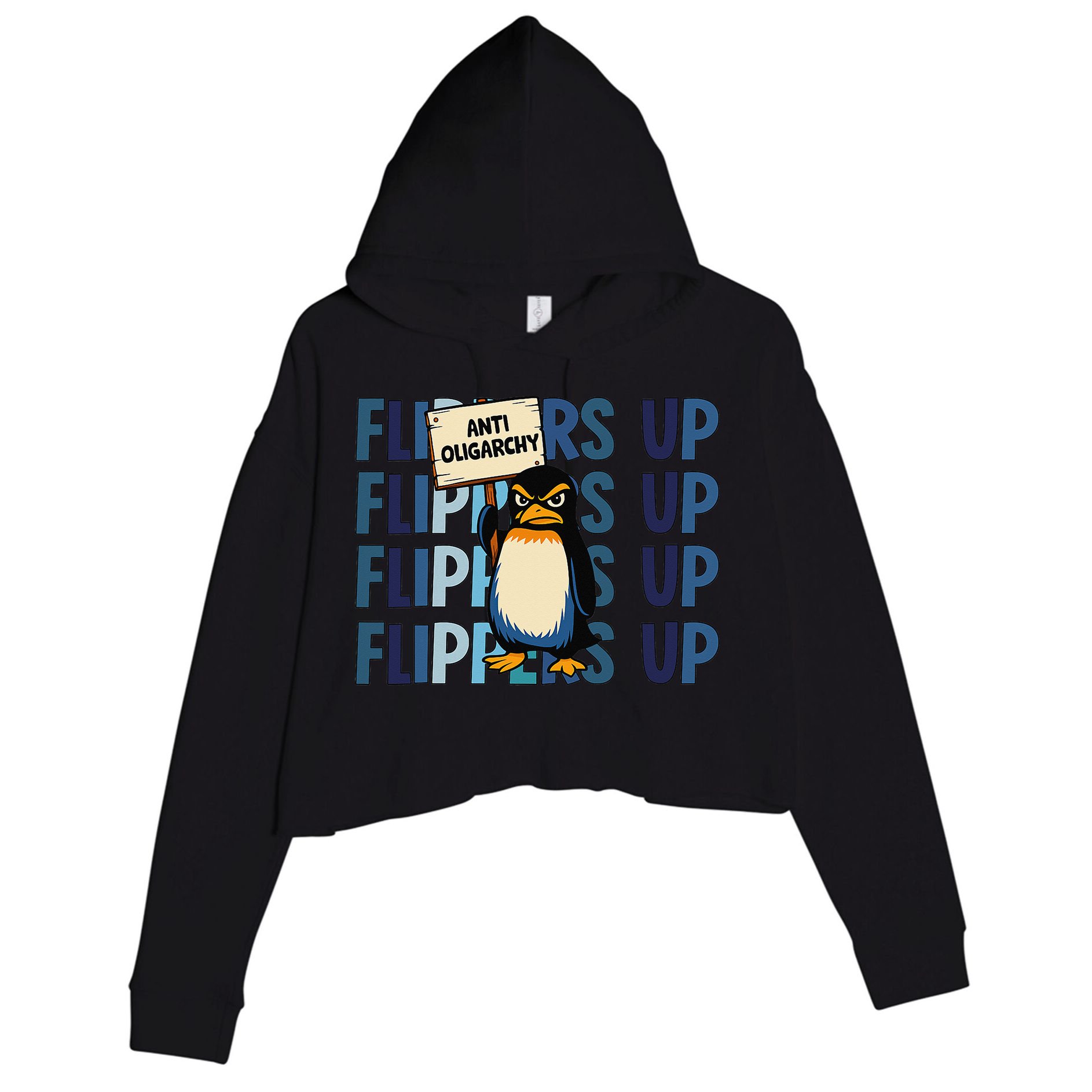 Flippers Up Anti Oligarchy Penguins 8647 Protect Facism Crop Fleece Hoodie