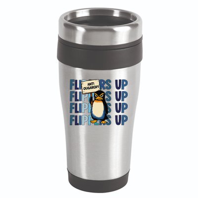 Flippers Up Anti Oligarchy Penguins 8647 Protect Facism 16oz Travel Tumbler