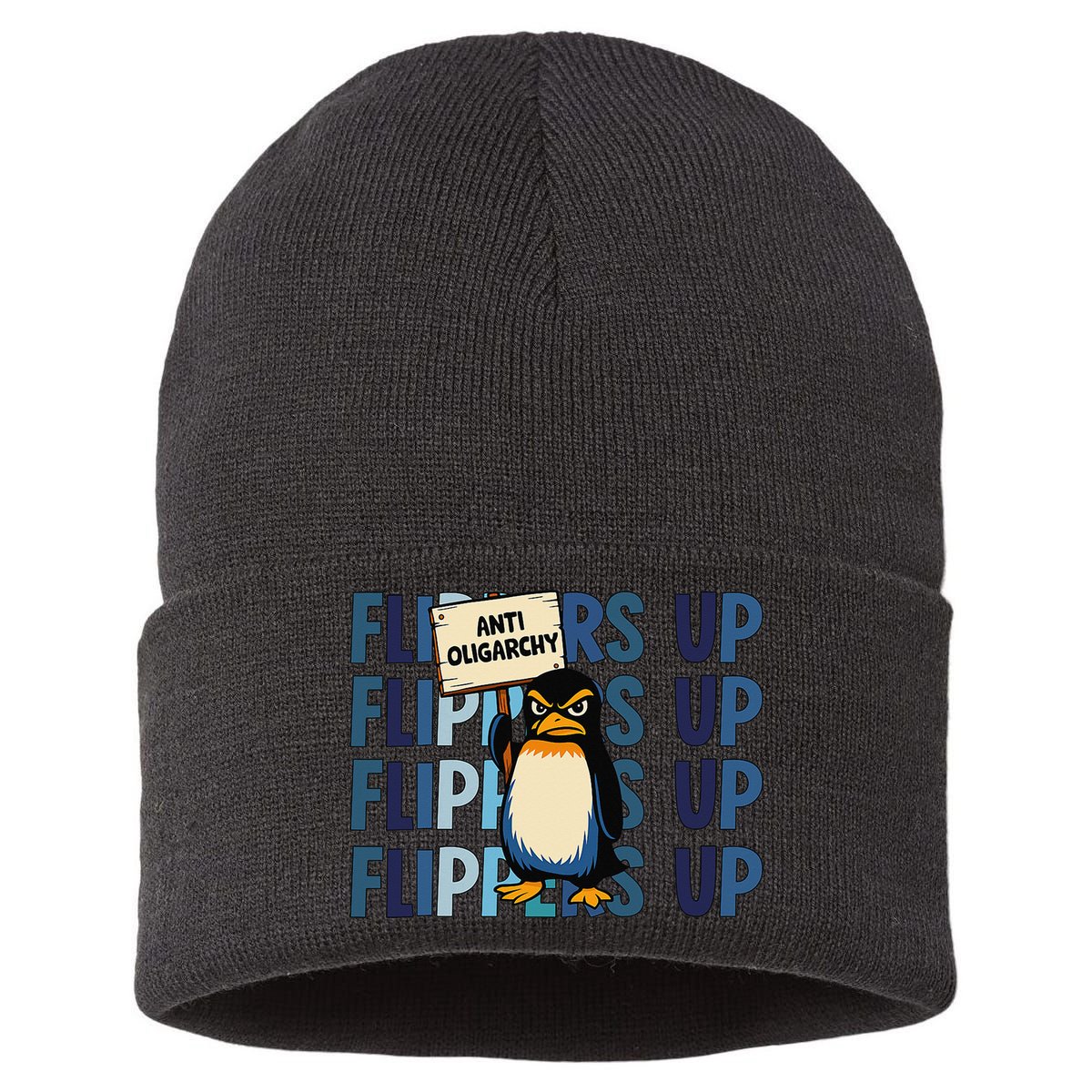 Flippers Up Anti Oligarchy Penguins 8647 Protect Facism Sustainable Knit Beanie