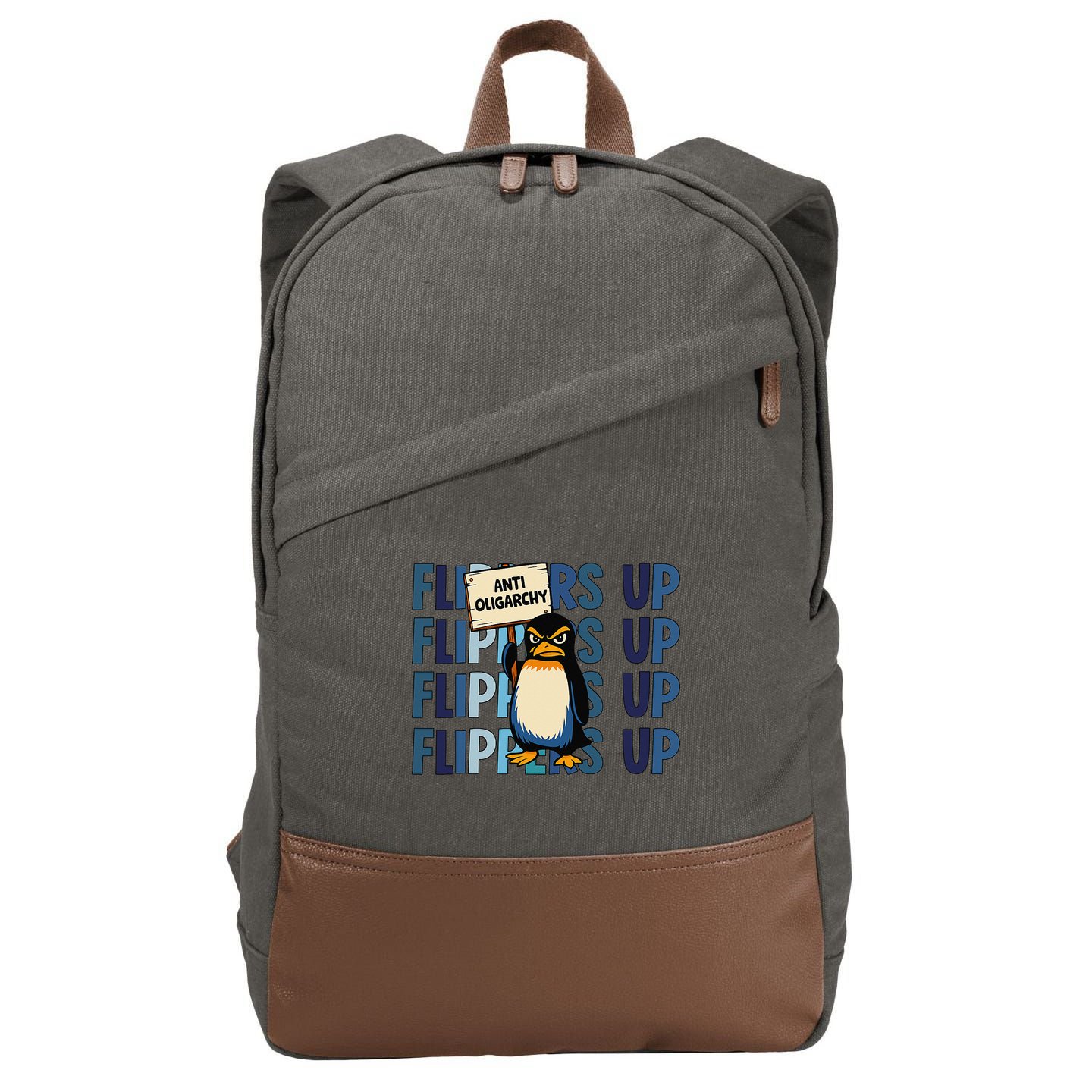 Flippers Up Anti Oligarchy Penguins 8647 Protect Facism Cotton Canvas Backpack