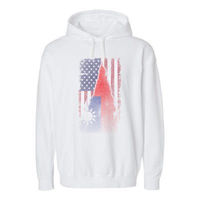 Faded Us And Taiwan Flags Support For Taiwan I Love Taiwan Meaningful Gift Garment-Dyed Fleece Hoodie