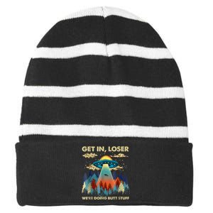 Funny UFO Alien Abduction Striped Beanie with Solid Band