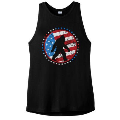 Funny USA American Flag Bigfoot Sasquatch Emblem Ladies PosiCharge Tri-Blend Wicking Tank