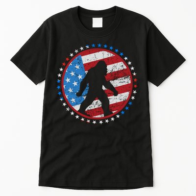 Funny USA American Flag Bigfoot Sasquatch Emblem Tall T-Shirt