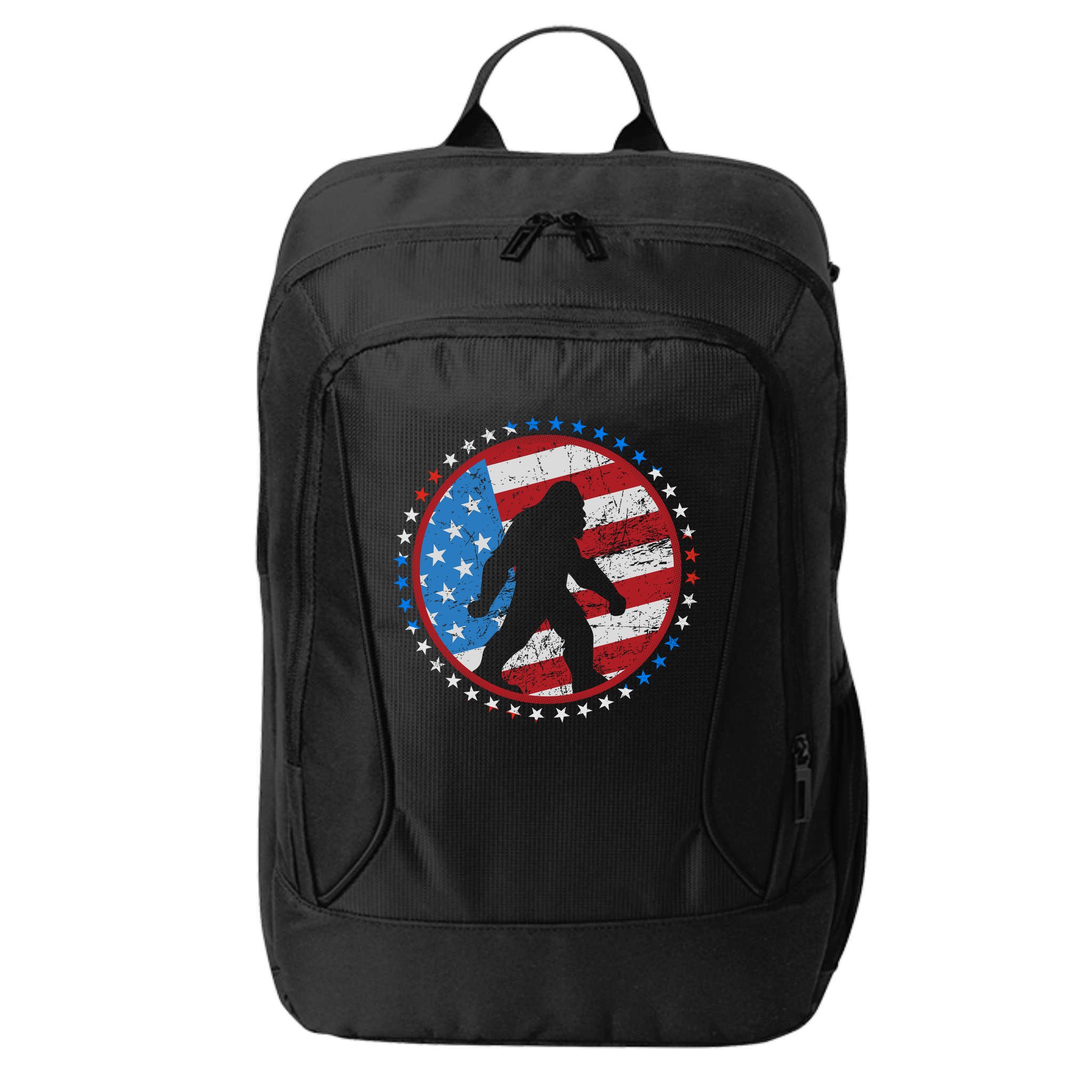 Funny USA American Flag Bigfoot Sasquatch Emblem City Backpack