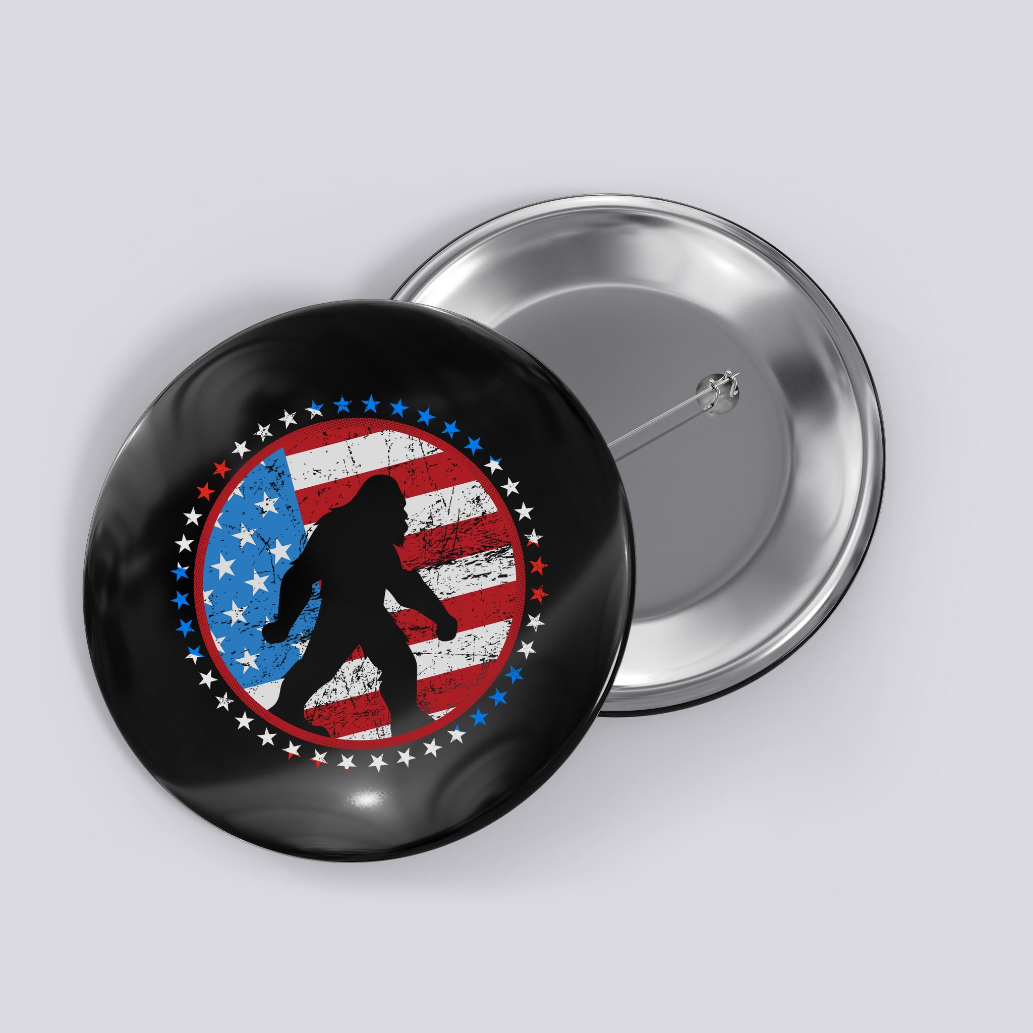 Funny USA American Flag Bigfoot Sasquatch Emblem Button