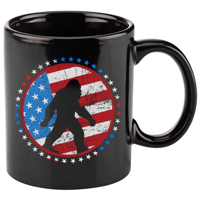 Funny USA American Flag Bigfoot Sasquatch Emblem 11oz C Handle Ceramic Mug