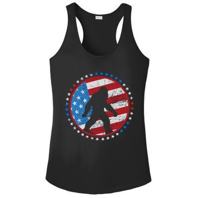 Funny USA American Flag Bigfoot Sasquatch Emblem Ladies PosiCharge Competitor Racerback Tank