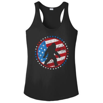 Funny USA American Flag Bigfoot Sasquatch Emblem Ladies PosiCharge Competitor Racerback Tank