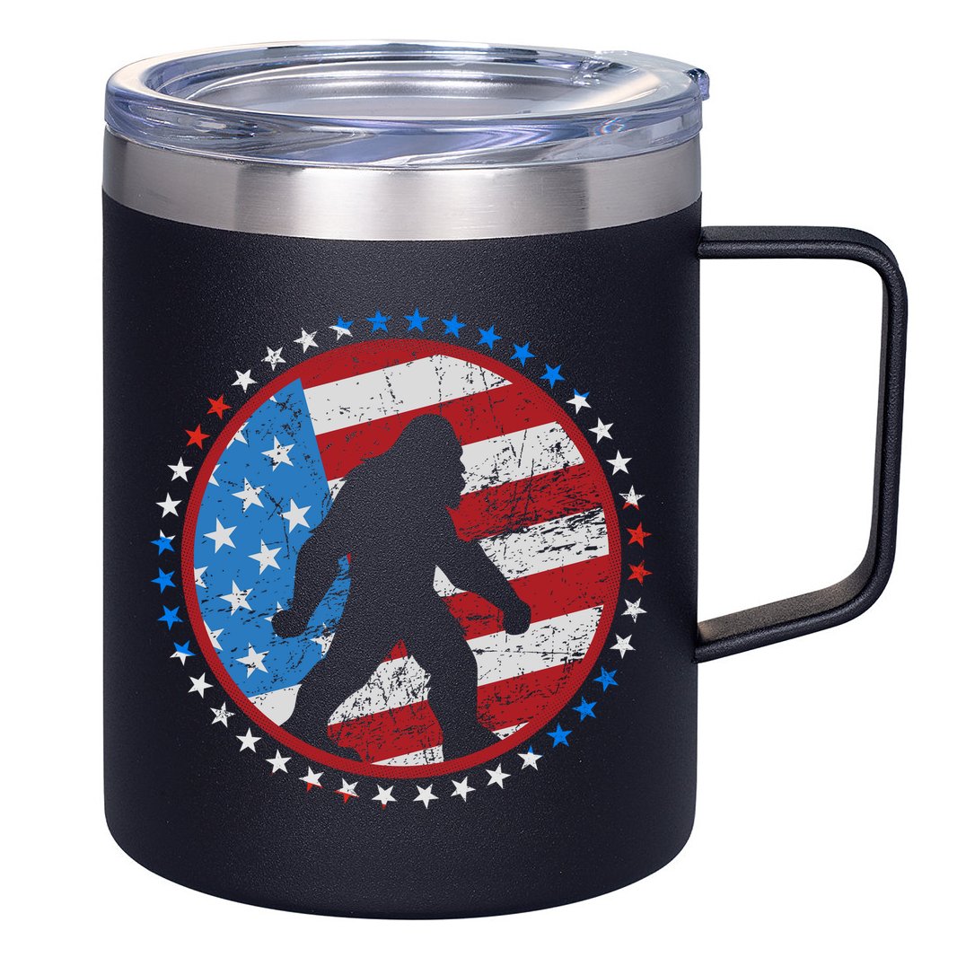 Funny USA American Flag Bigfoot Sasquatch Emblem 12oz Stainless Steel Coffee Mug