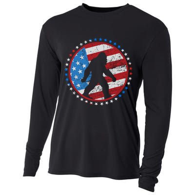 Funny USA American Flag Bigfoot Sasquatch Emblem Cooling Performance Long Sleeve Crew