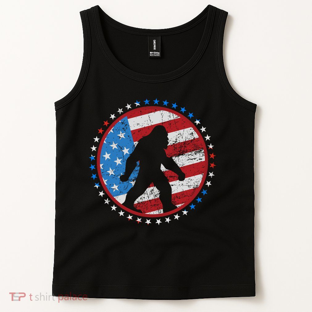 Funny USA American Flag Bigfoot Sasquatch Emblem Tank Top