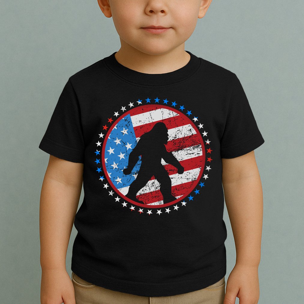 Funny USA American Flag Bigfoot Sasquatch Emblem Toddler T-Shirt