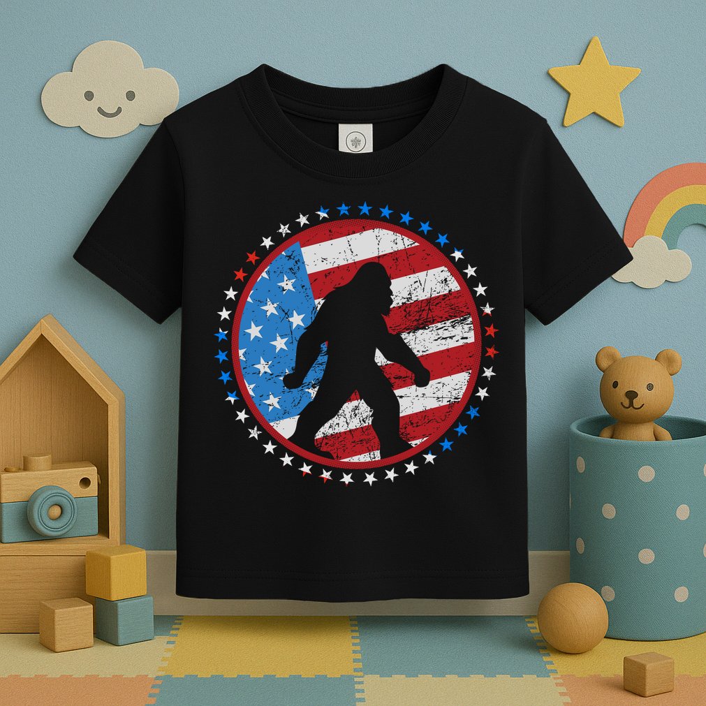 Funny USA American Flag Bigfoot Sasquatch Emblem Toddler T-Shirt