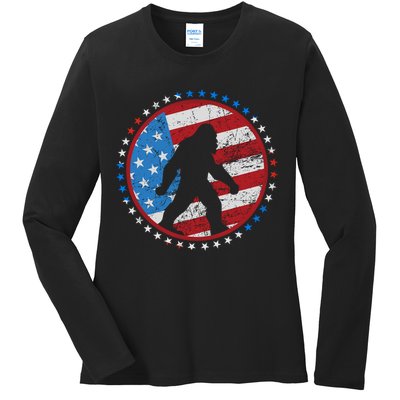 Funny USA American Flag Bigfoot Sasquatch Emblem Ladies Long Sleeve Shirt
