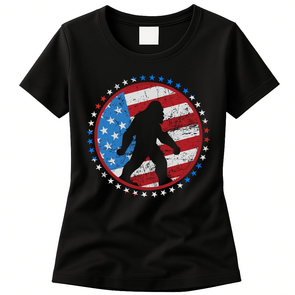 Funny USA American Flag Bigfoot Sasquatch Emblem Womens T-Shirt