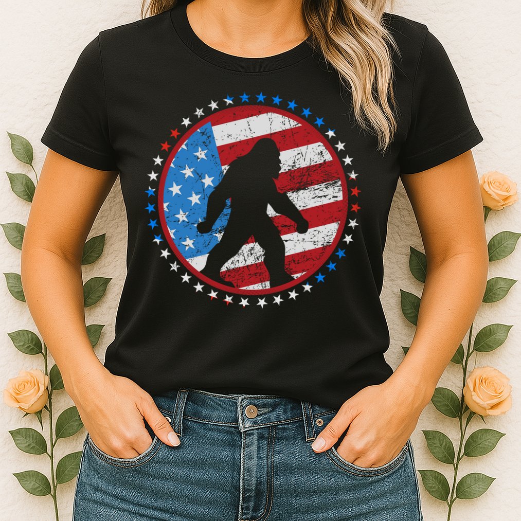 Funny USA American Flag Bigfoot Sasquatch Emblem Womens T-Shirt