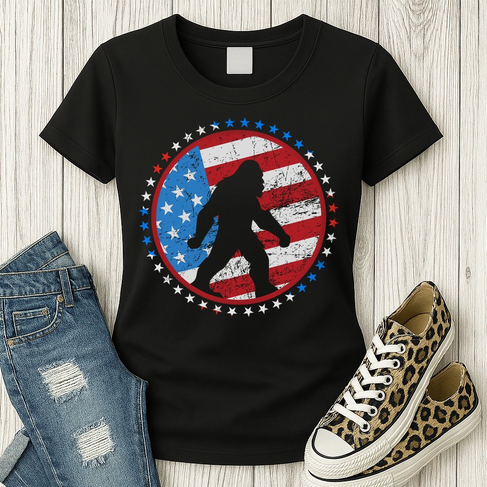 Funny USA American Flag Bigfoot Sasquatch Emblem Womens T-Shirt