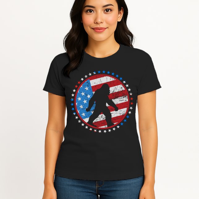 Funny USA American Flag Bigfoot Sasquatch Emblem Womens T-Shirt