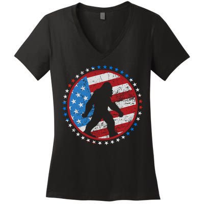 Funny USA American Flag Bigfoot Sasquatch Emblem Women's V-Neck T-Shirt