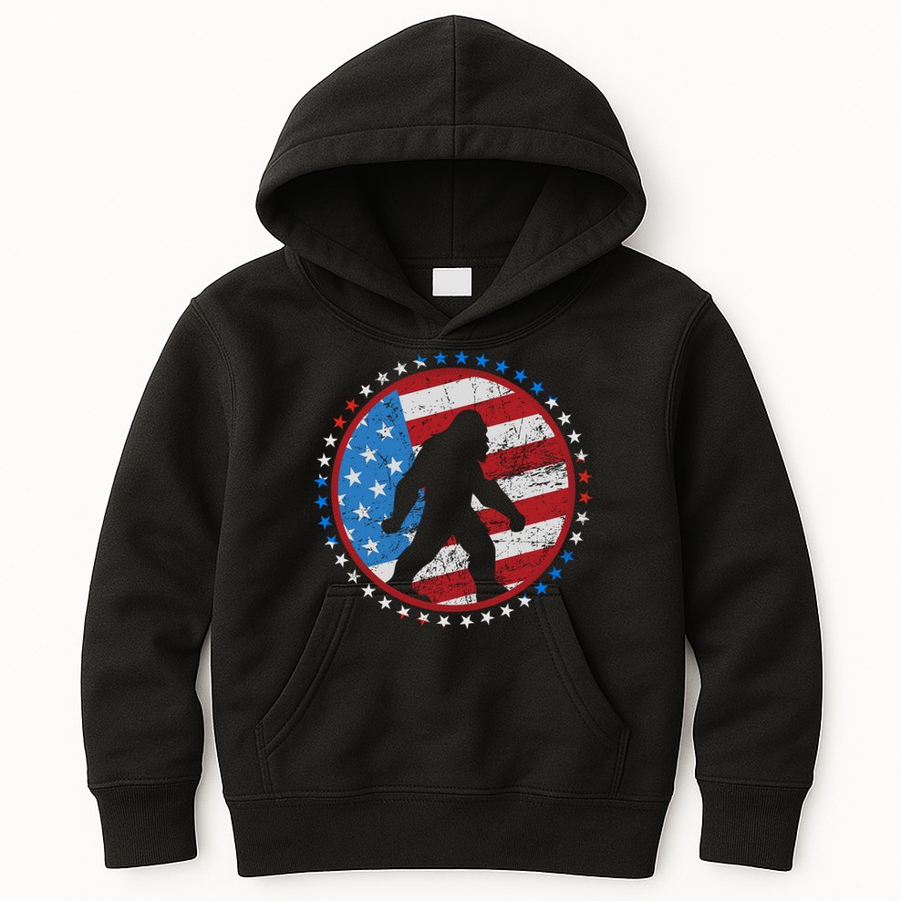 Funny USA American Flag Bigfoot Sasquatch Emblem Kids Hoodie