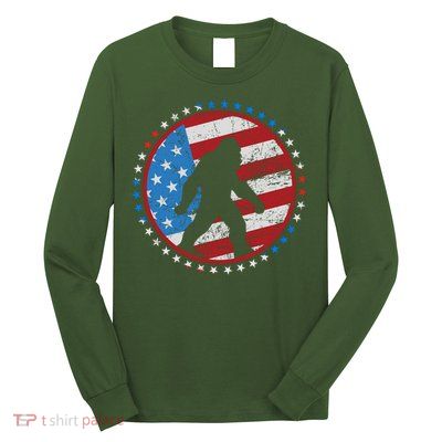 Funny USA American Flag Bigfoot Sasquatch Emblem Long Sleeve Shirt