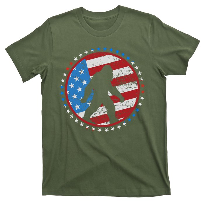 Funny USA American Flag Bigfoot Sasquatch Emblem T-Shirt