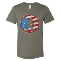 Funny USA American Flag Bigfoot Sasquatch Emblem V-Neck T-Shirt