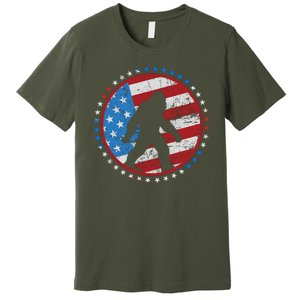 Funny USA American Flag Bigfoot Sasquatch Emblem Premium T-Shirt