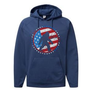 Funny USA American Flag Bigfoot Sasquatch Emblem Performance Fleece Hoodie