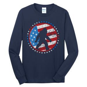 Funny USA American Flag Bigfoot Sasquatch Emblem Tall Long Sleeve T-Shirt