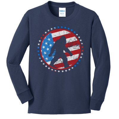 Funny USA American Flag Bigfoot Sasquatch Emblem Kids Long Sleeve Shirt