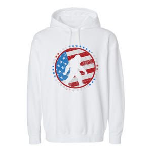 Funny USA American Flag Bigfoot Sasquatch Emblem Garment-Dyed Fleece Hoodie