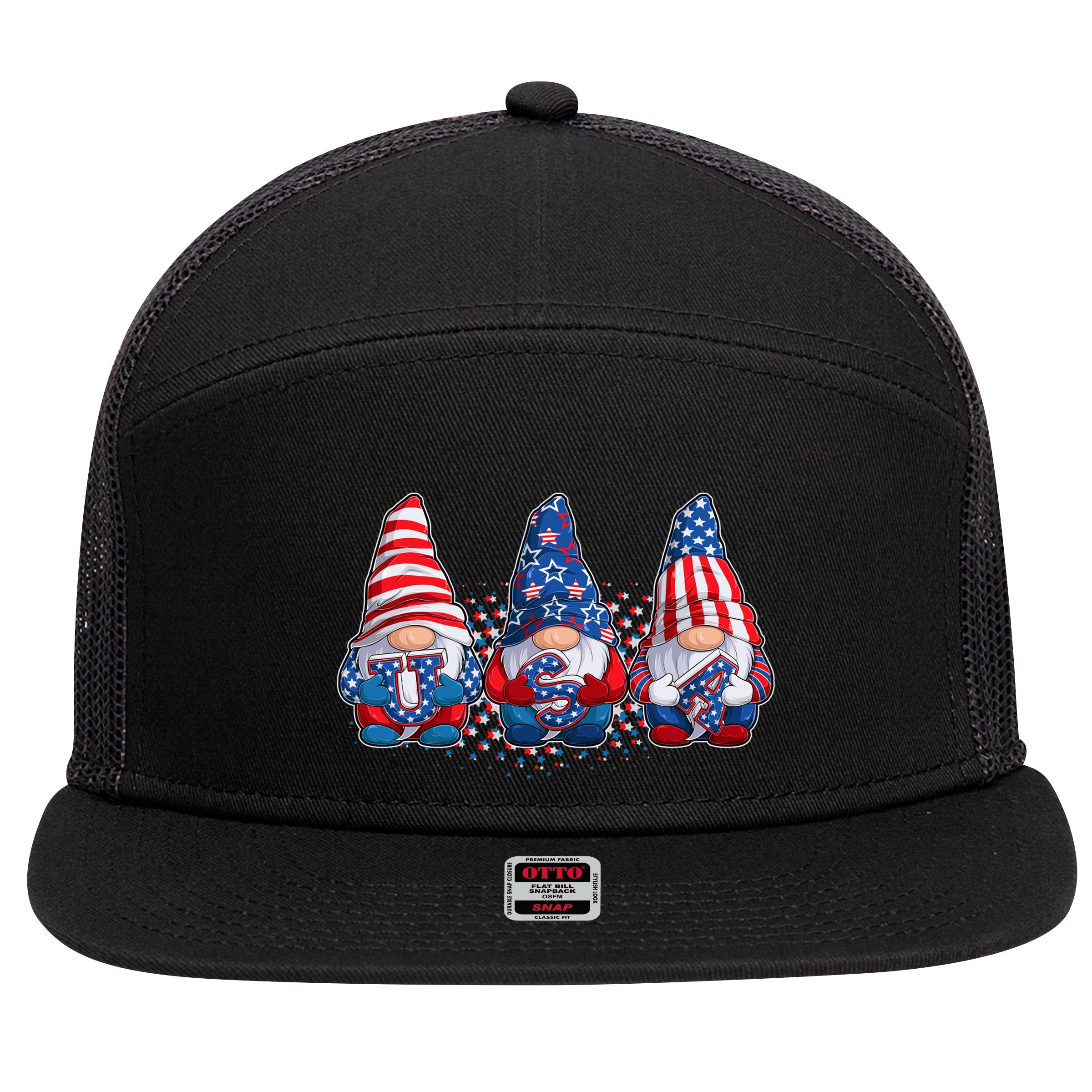 Funny USA American Flag 4th Of July Gnomes 7 Panel Mesh Trucker Snapback Hat