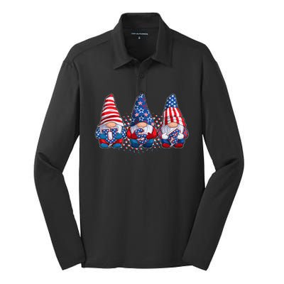 Funny USA American Flag 4th Of July Gnomes Silk Touch Performance Long Sleeve Polo