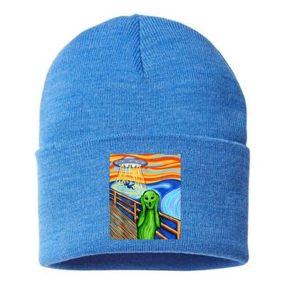 Funny UFO Believe In Aliens Alien Humor Gift Funny Alien Lover Sustainable Knit Beanie