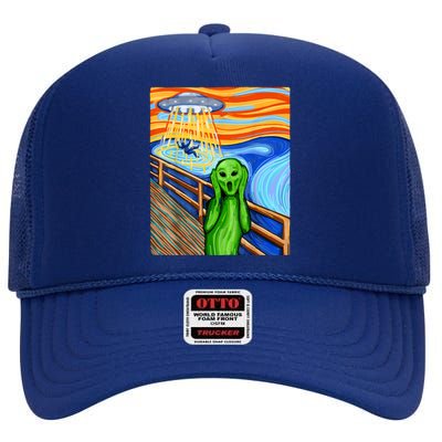 Funny UFO Believe In Aliens Alien Humor Gift Funny Alien Lover High Crown Mesh Back Trucker Hat