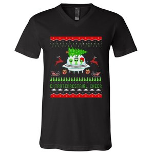 Funny Ugly Christmas Alien UFO Santa Reindeer Tree Gift  V-Neck T-Shirt