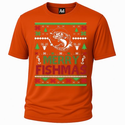 Fishing Ugly Christmas Bass Fish Merry Fishmas Gift Cooling Performance Crew T-Shirt