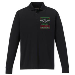 Fishing Ugly Christmas Bass Fish Merry Fishmas Gift Performance Long Sleeve Polo