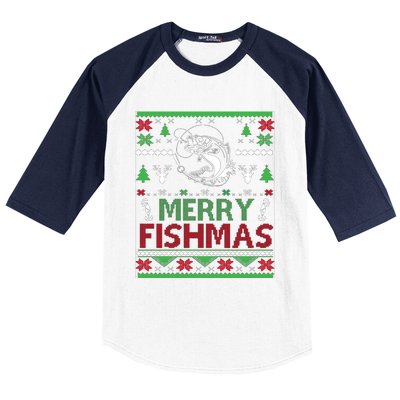 Fishing Ugly Christmas Bass Fish Merry Fishmas Gift Baseball Sleeve Shirt