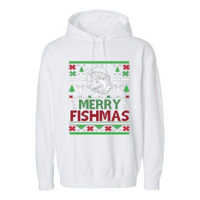 Fishing Ugly Christmas Bass Fish Merry Fishmas Gift Garment-Dyed Fleece Hoodie