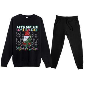 Funny Ugly Christmas Pun Gnome LetS Get Lit Xmas Party Meaningful Gift Premium Crewneck Sweatsuit Set