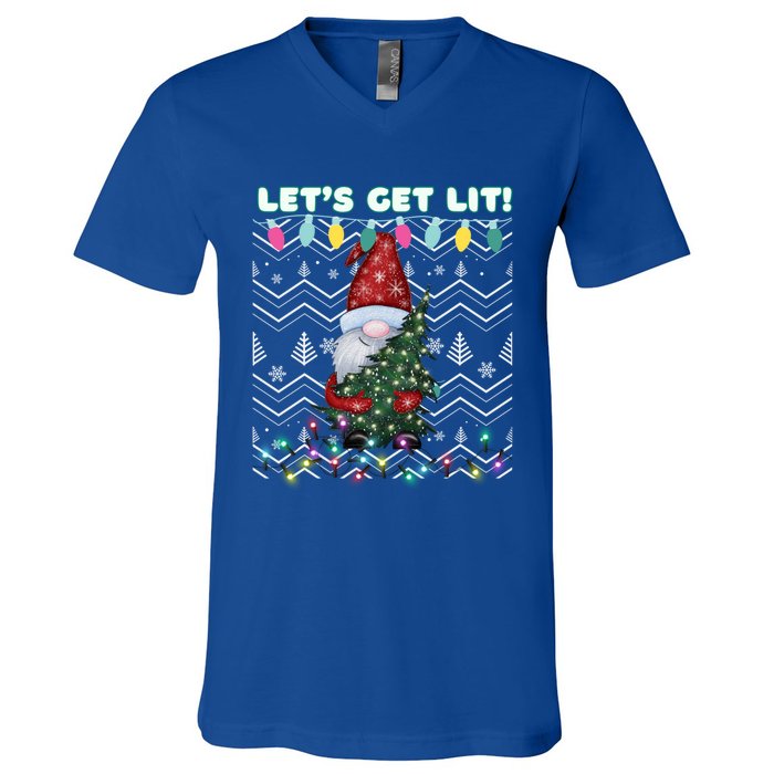 Funny Ugly Christmas Pun Gnome LetS Get Lit Xmas Party Meaningful Gift V-Neck T-Shirt