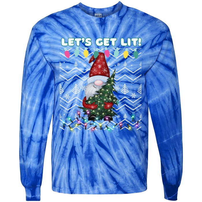 Funny Ugly Christmas Pun Gnome LetS Get Lit Xmas Party Meaningful Gift Tie-Dye Long Sleeve Shirt