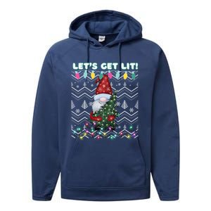 Funny Ugly Christmas Pun Gnome LetS Get Lit Xmas Party Meaningful Gift Performance Fleece Hoodie