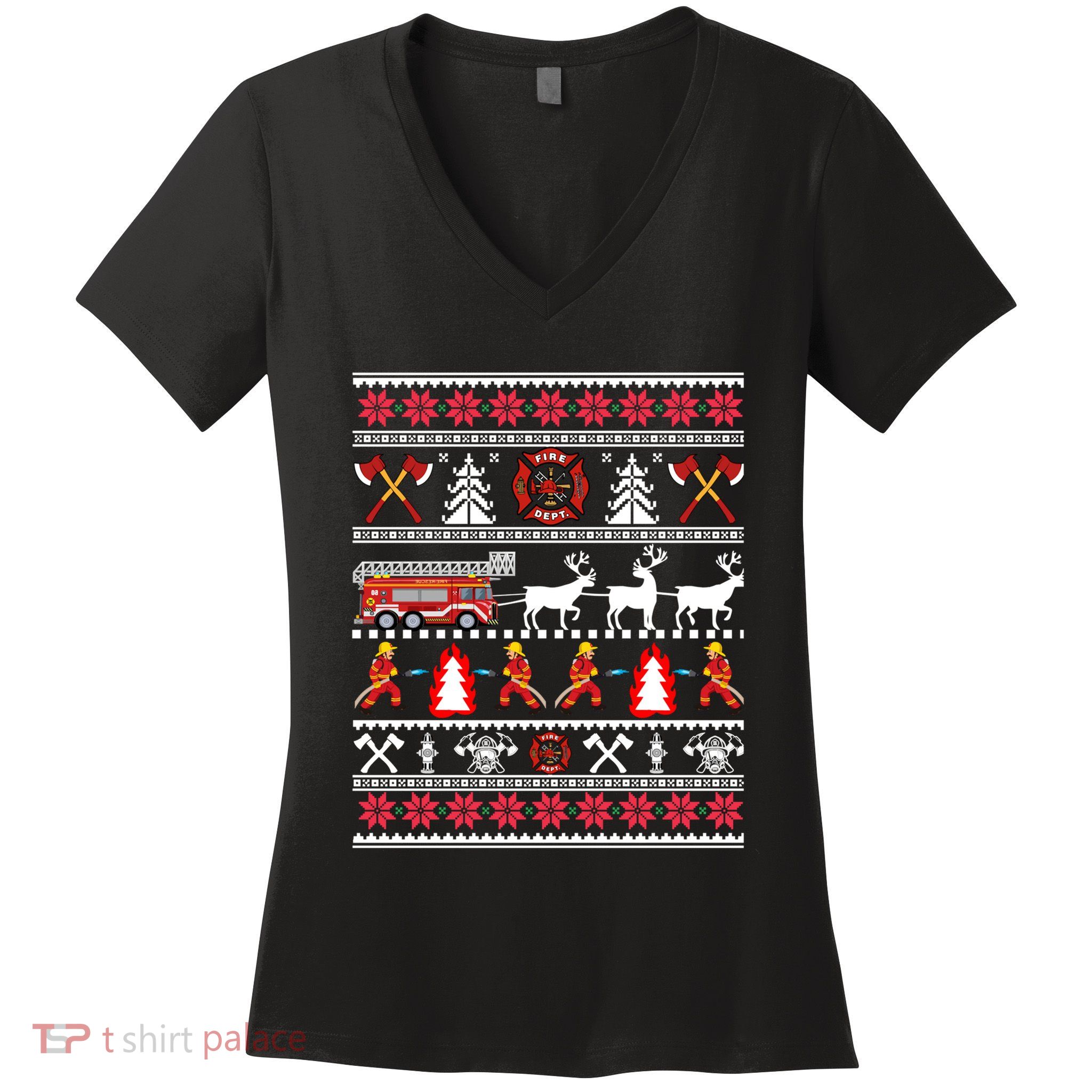 Firefighter Ugly Christmas Fireman Fire Department Women's V-Neck T-Shirt