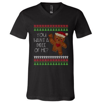 Funny Ugly Christmas Gingerbread Man You Want A Piece Of Me V-Neck T-Shirt