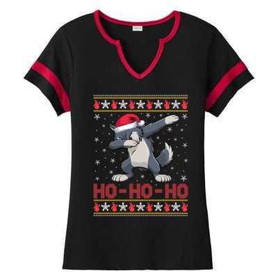 Funny Ugly Christmas Santa Hat Dabbing Wolf Ho Ho Ho Ladies Halftime Notch Neck Tee