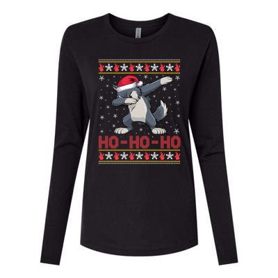 Funny Ugly Christmas Santa Hat Dabbing Wolf Ho Ho Ho Womens Cotton Relaxed Long Sleeve T-Shirt